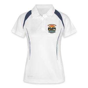 Endlich Camping Bodensee 2026 Camper Wohnmobil  - Frauen Polo atmungsaktiv - Weiß/Navy - Vorne