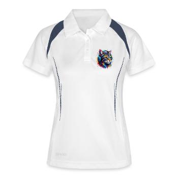 Katzenporträt mit Kopfhörern - Frauen Polo atmungsaktiv - Weiß/Navy - Vorne