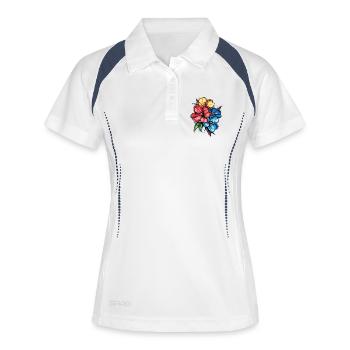 Tropische Hibiskus-Explosion - Frauen Polo atmungsaktiv - Weiß/Navy - Vorne