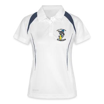 Hütte, Boot, Zander - Schweden | Angler Geschenk - Frauen Polo atmungsaktiv - Weiß/Navy - Vorne