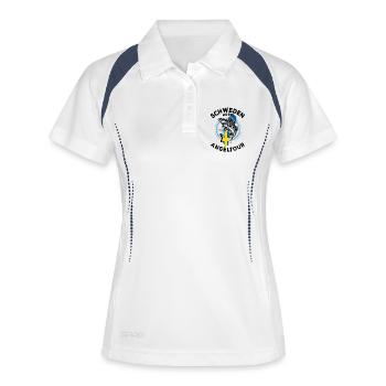 Schweden 2026 Angeltour | Angler | Zander - Frauen Polo atmungsaktiv - Weiß/Navy - Vorne