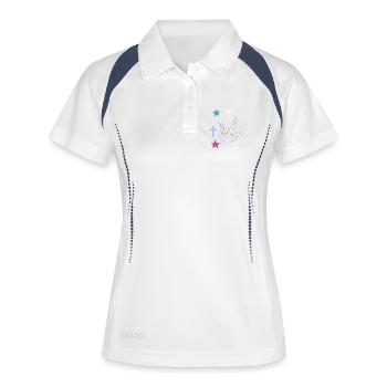 Handzeichen mit Kreuz, Sternen und Mond - Frauen Polo atmungsaktiv - Weiß/Navy - Vorne
