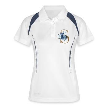 Blaues Blumenmotiv auf Buchstaben S - Frauen Polo atmungsaktiv - Weiß/Navy - Vorne