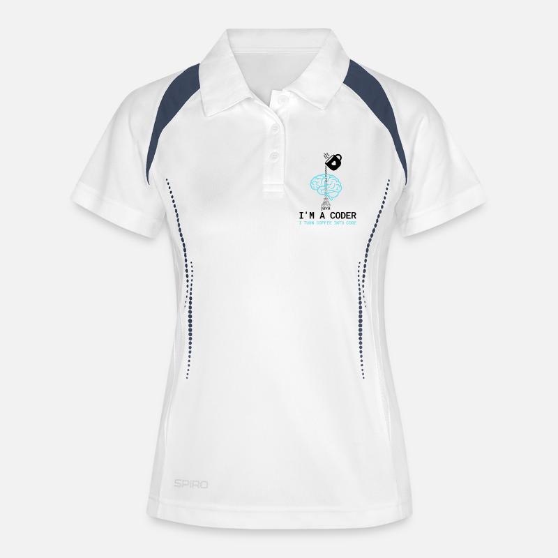 Coder T-Shirt: Coffee into Code – Nerdy Programmie - Frauen Polo atmungsaktiv - Weiß/Navy