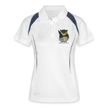 Denke auf Papier – Eulen-Motiv - Frauen Polo atmungsaktiv - Weiß/Navy - Vorne