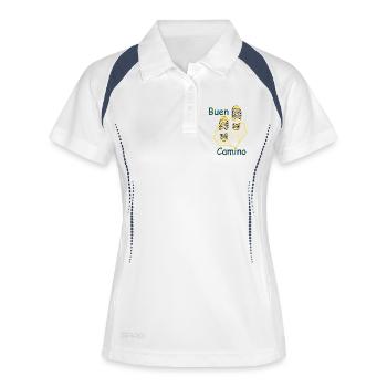 Lebensweg , buen Camino  - Frauen Polo atmungsaktiv - Weiß/Navy - Vorne