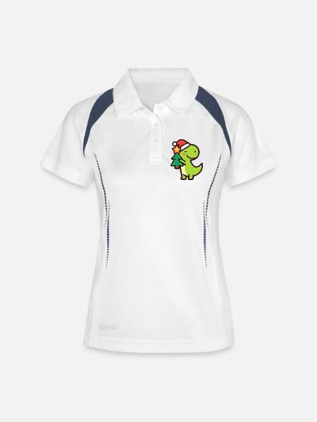 Kawaii Dino T-Rex mit Weihnachtsbaum - Frauen Polo atmungsaktiv - Weiß/Navy