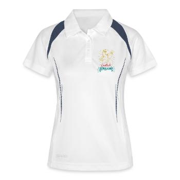 Endlich Schulkind Dino mit Blume - Frauen Polo atmungsaktiv - Weiß/Navy - Vorne