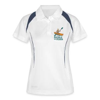 Paddel dich ins Jenseits – Skelett im Kajak - Frauen Polo atmungsaktiv - Weiß/Navy - Vorne