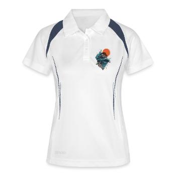 Berglandschaft mit Baum und roter Sonne - Frauen Polo atmungsaktiv - Weiß/Navy - Vorne