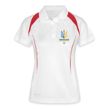 Écusson du trident en bleu et jaune - Polo respirant Femme - blanc/marine - Devant