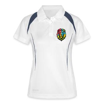 Farbenfroher Wildlöwe – Kunstfarben springen hervor - Frauen Polo atmungsaktiv - Weiß/Navy - Vorne