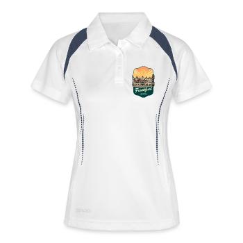 Frankfurt Romer Retro Sunset Reiseabzeichen - Frauen Polo atmungsaktiv - Weiß/Navy - Vorne