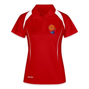 Basketball im bunten Regenbogenkorb - Frauen Polo atmungsaktiv - Weiß/Navy - Vorne