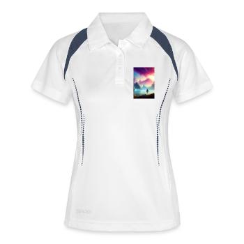 Landschaft mit See, Boot und Berge - Frauen Polo atmungsaktiv - Weiß/Navy - Vorne
