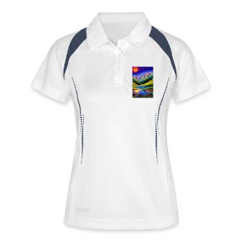 Landschaft mit See, Boot und Berge - Frauen Polo atmungsaktiv - Weiß/Navy - Vorne