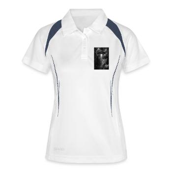 Selfie Katze mit Alien UFO - UFO Katze  - Frauen Polo atmungsaktiv - Weiß/Navy - Vorne