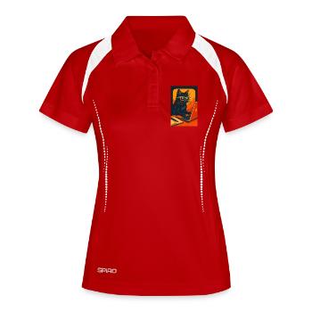 Technisch versierte Katze mit Brille, liebe Katzen - Frauen Polo atmungsaktiv - Weiß/Navy - Vorne