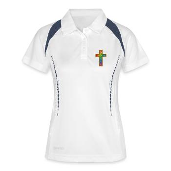 Jesus Christus | Buntes Glitzerkreuz Design - Frauen Polo atmungsaktiv - Weiß/Navy - Vorne