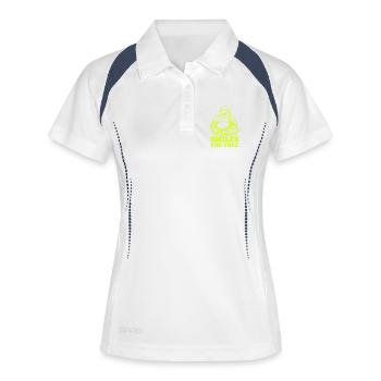 Neon Lachender Buddha auf Schwarz - Frauen Polo atmungsaktiv - Weiß/Navy - Vorne