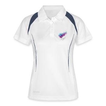 Cosmic Flux – Abstrakte Kopfillustration - Frauen Polo atmungsaktiv - Weiß/Navy - Vorne