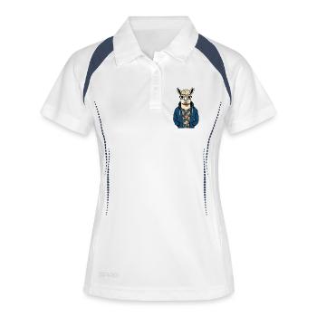 Lama im Hoodie mit Blumenhemd - Frauen Polo atmungsaktiv - Weiß/Navy - Vorne