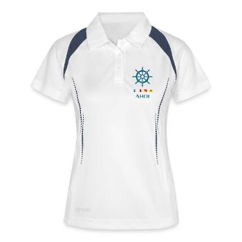 Ahoi Maritimes Steuerrad Signalflaggen Design - Frauen Polo atmungsaktiv - Weiß/Navy - Vorne