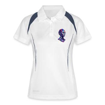 Mosaik-Porträt Farbrausch - Frauen Polo atmungsaktiv - Weiß/Navy - Vorne