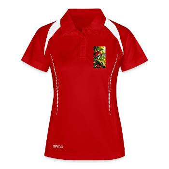 Fuchs mit Herbstlaub im Wald  (Blick nach Rechts) - Frauen Polo atmungsaktiv - Weiß/Navy - Vorne