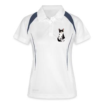 schöne Schwarz Weiß Katze sitzt frontal Grafik - Frauen Polo atmungsaktiv - Weiß/Navy - Vorne