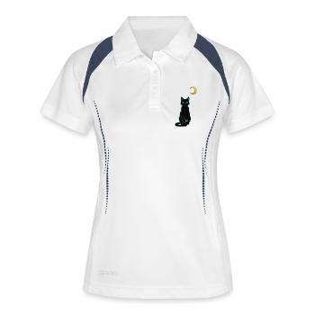 Schwarze Katzennacht mit Mondballon - Frauen Polo atmungsaktiv - Weiß/Navy - Vorne