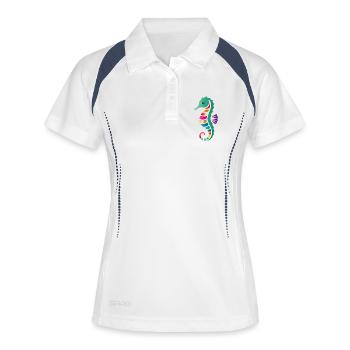 Buntes Seepferdchen | Maritimes Kunstmotiv  - Frauen Polo atmungsaktiv - Weiß/Navy - Vorne