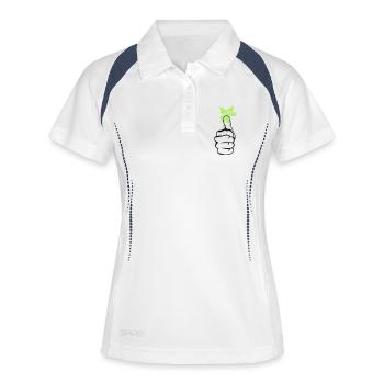 Hand mit grünen Blätter am Daumen - Frauen Polo atmungsaktiv - Weiß/Navy - Vorne