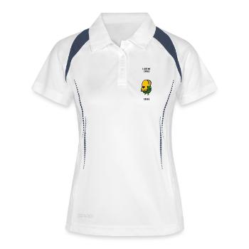 Urkomisches, lustiges Bild eines großhirnigen Wellensittich-Papageis - Frauen Polo atmungsaktiv - Weiß/Navy - Vorne