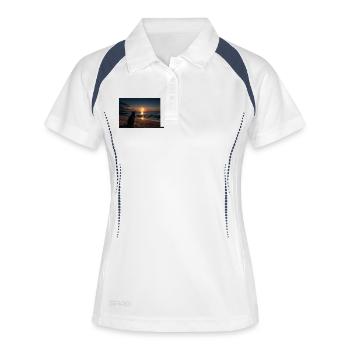 Chat au bord de la mer au lever de la lune - Polo respirant Femme - blanc/marine - Devant