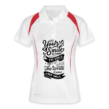 Citation « Utilisez votre sourire pour changer le monde » - Polo respirant Femme - blanc/marine - Devant