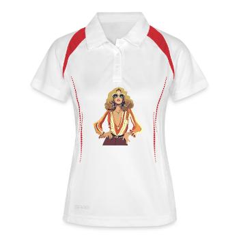 Retro-Frau aus den 70ern mit großer Brille - Frauen Polo atmungsaktiv - Weiß/Navy - Vorne