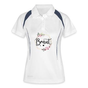 Braut 2026 / The Bride JGA Junggesellinnenabschied - Frauen Polo atmungsaktiv - Weiß/Navy - Vorne