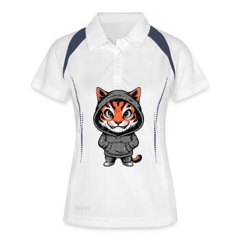 Süßer Tiger im Hoodie | Kawaii Cartoon - Frauen Polo atmungsaktiv - Weiß/Navy - Vorne