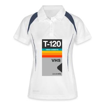 Autocollant rétro pour cassette vidéo VHS vintage T-120 - Polo respirant Femme - blanc/marine - Devant
