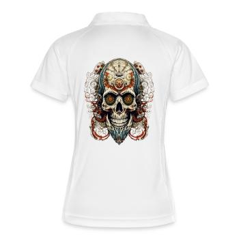 Detailreicher Steelskull mit mechanischem Flair - Frauen Polo atmungsaktiv - Weiß/Navy - Hinten