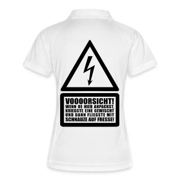 Voooorsicht ! Menschenrechte Achtung Warnung Strom - Frauen Polo atmungsaktiv - Weiß/Navy - Hinten