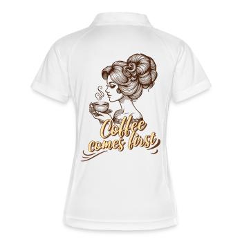 Coffee Comes First – Retro Frau Clipart - Frauen Polo atmungsaktiv - Weiß/Navy - Hinten