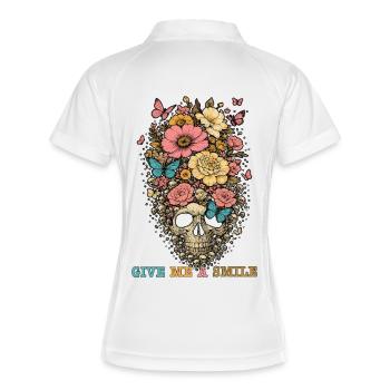 Totenkopf und Blumen - give me a smile - Frauen Polo atmungsaktiv - Weiß/Navy - Hinten