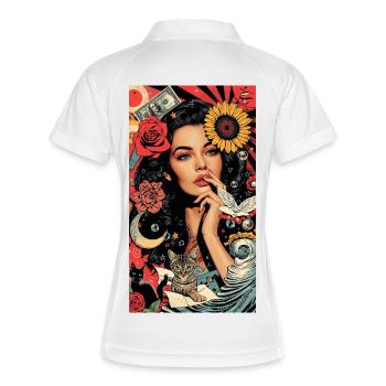 Buntes Pop-Art-Blumenmuster - Frauen Polo atmungsaktiv - Weiß/Navy - Hinten