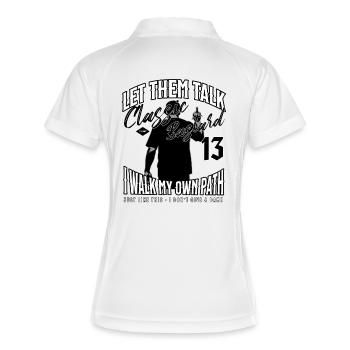 Motorradfahrer – Let Them Talk – Biker Design - Frauen Polo atmungsaktiv - Weiß/Navy - Hinten