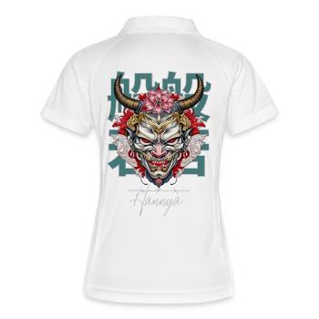 Japanese Hannya Mask: Lotus & Horns - Frauen Polo atmungsaktiv - Weiß/Navy - Hinten