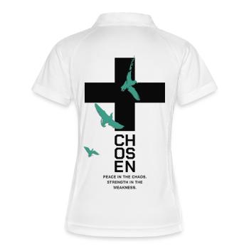 CHOSEN Kreuz Tauben Design Peace Chaos - Frauen Polo atmungsaktiv - Weiß/Navy - Hinten