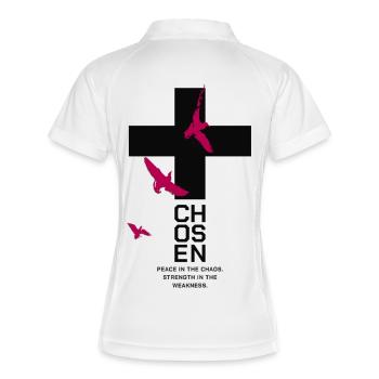 CHOSEN Kreuz Tauben Pink Peace Chaos - Frauen Polo atmungsaktiv - Weiß/Navy - Hinten