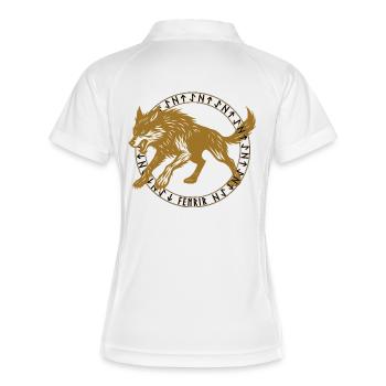 Goldener Fenrir im Wikinger-Runen-Kreis  - Frauen Polo atmungsaktiv - Weiß/Navy - Hinten